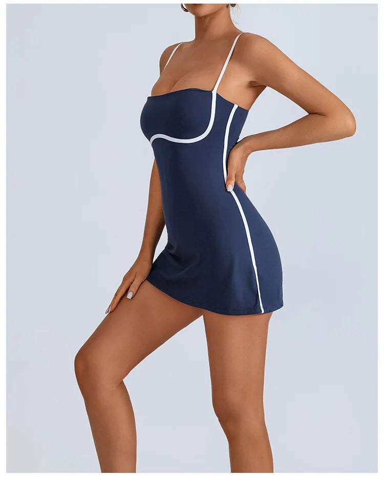 Women's Tennis Sleeveless Contrast Workout Yoga Build in Shorts Fashion Tight Fitting Skirts Suit