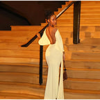 Backless Party Maxi Dress With O Neck Slim Pleated Ribbon Detail
