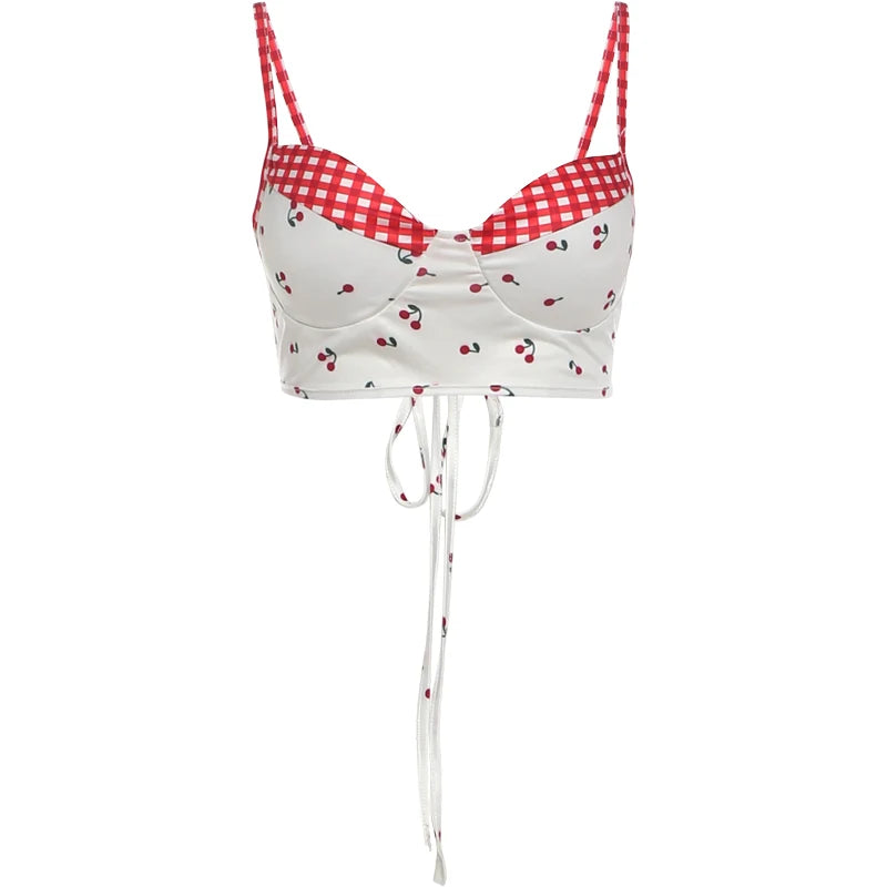 Cherry Plaid Y2K Backless Crop Top Skirt Set