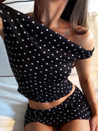 Polka Dot Two-piece Set With Cropped Top And Skinny Shorts
