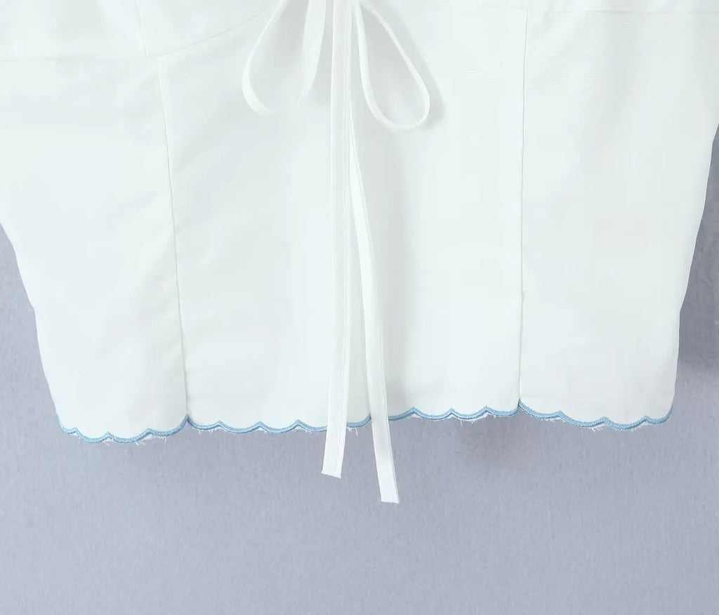Wave Edged White Camis Sexy Bow V Neck Cotton Slim Crop Top
