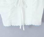 Wave Edged White Camis Sexy Bow V Neck Cotton Slim Crop Top