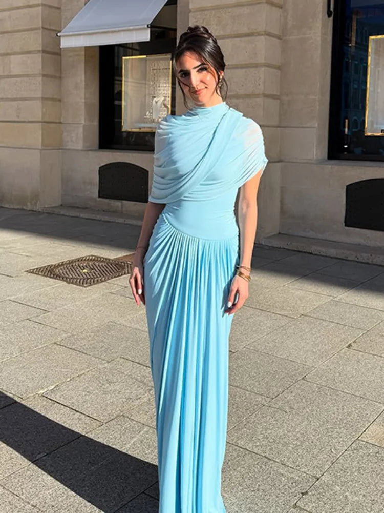 Blue Irregular Shawl Maxi Dress Slim Fit Pleated Turtleneck Elegant Evening
