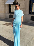 Blue Irregular Shawl Maxi Dress Slim Fit Pleated Turtleneck Elegant Evening