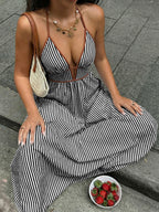 Sea Breeze Striped Deep V Beach Dress With Backless Sleeveless Maxi