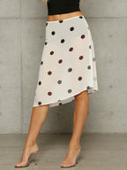 Retro Sheer Chiffon Dot Print Midi Skirt With Asymmetrical Hem