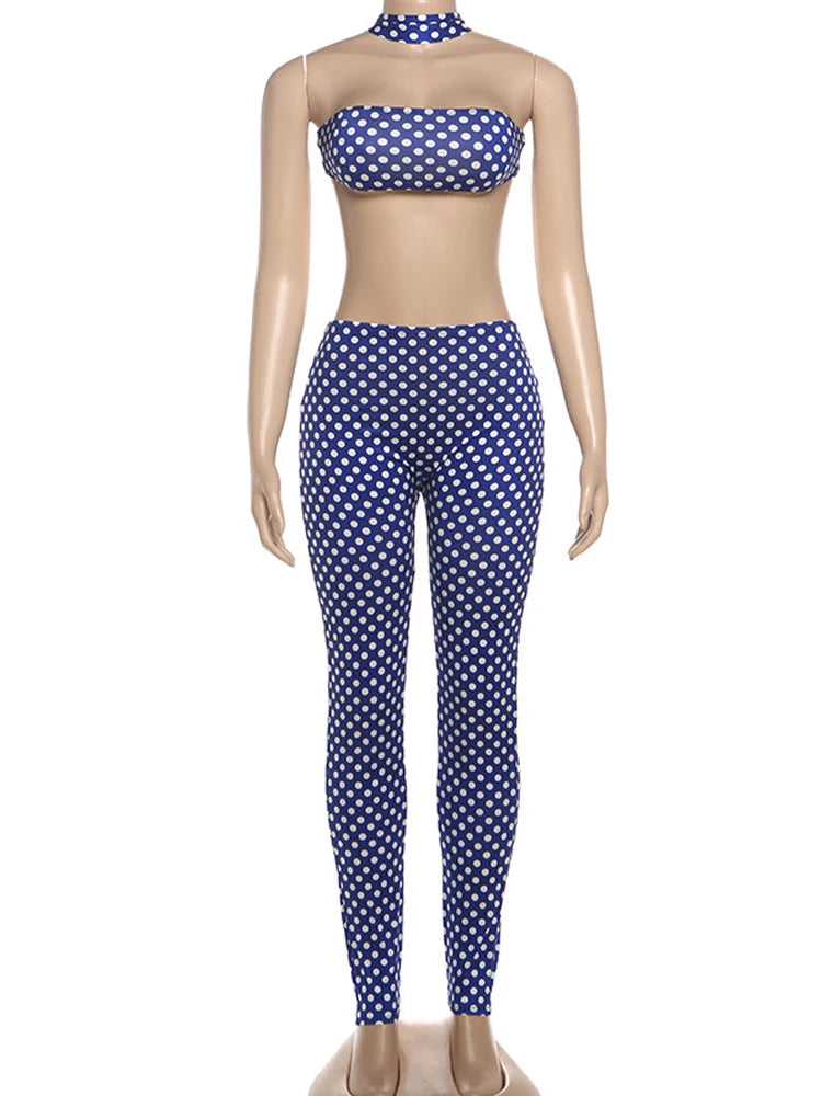 Polka Dot Halter Backless Two Piece Set