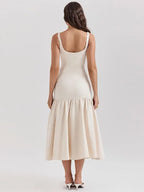 Women Ruffles Suspenders Dress Slim Solid Square Collar Sleeveless