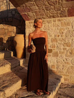 Elegant Strapless Off Shoulder Pleated Maxi Dress With Slim Silhouette