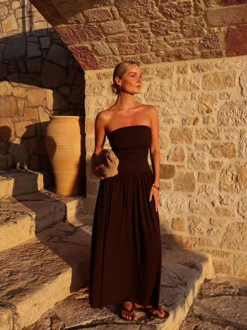 Elegant Strapless Off Shoulder Pleated Maxi Dress With Slim Silhouette