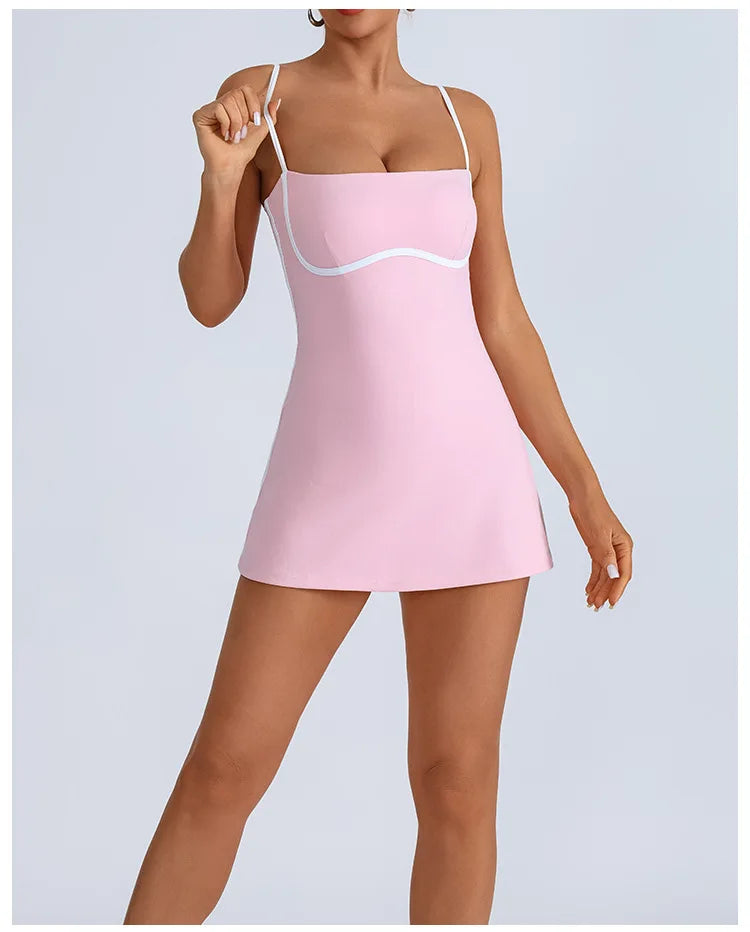 Women's Tennis Sleeveless Contrast Workout Yoga Build in Shorts Fashion Tight Fitting Skirts Suit