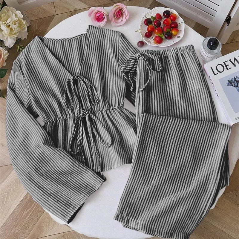 Striped Lace Up Two Piece Set V Neck Top And Elastic Waist Pants