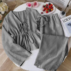 Striped Lace Up Two Piece Set V Neck Top And Elastic Waist Pants