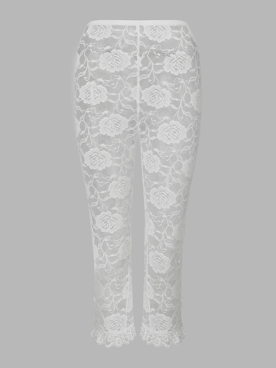 Lace Capri Pants For Women With Elastic Waist Cropped See Through Design
