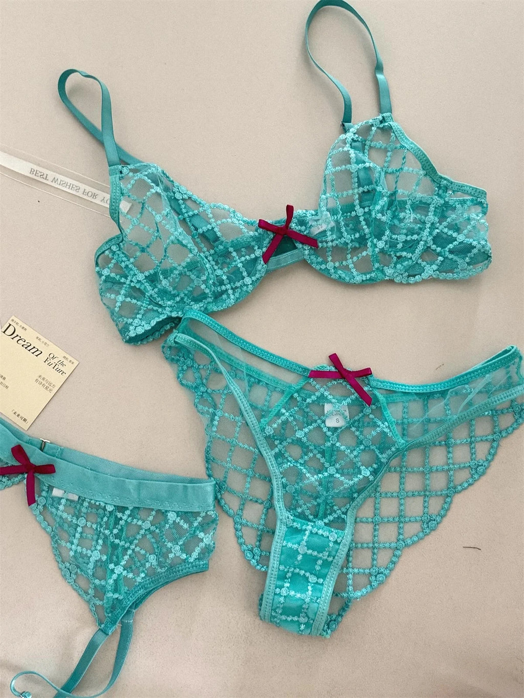 Lace Ultra-Thin Push-Up Bra Panty and Garter Set in Blue Transparent Lattice