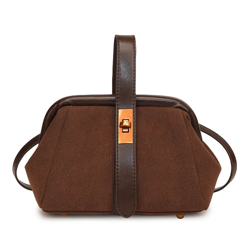 Luxe Faux Suede Frame Shoulder Bag With PU Accent Elegant Crossbody