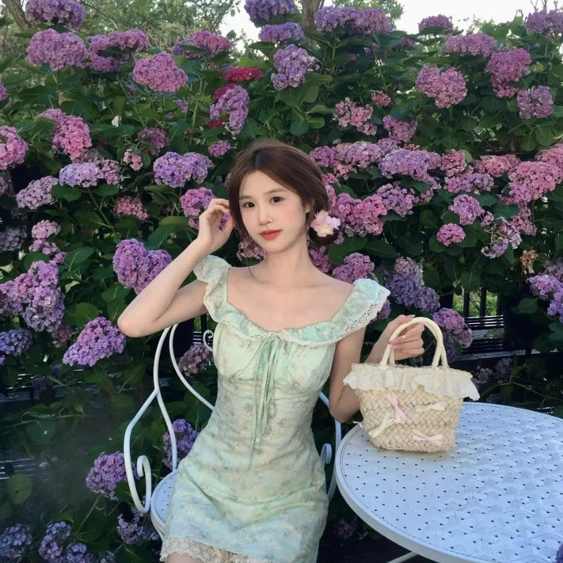 Pastel Green Floral Mini Dress With Ruffle Straps Sweetheart Neck Tie Front Cottagecore