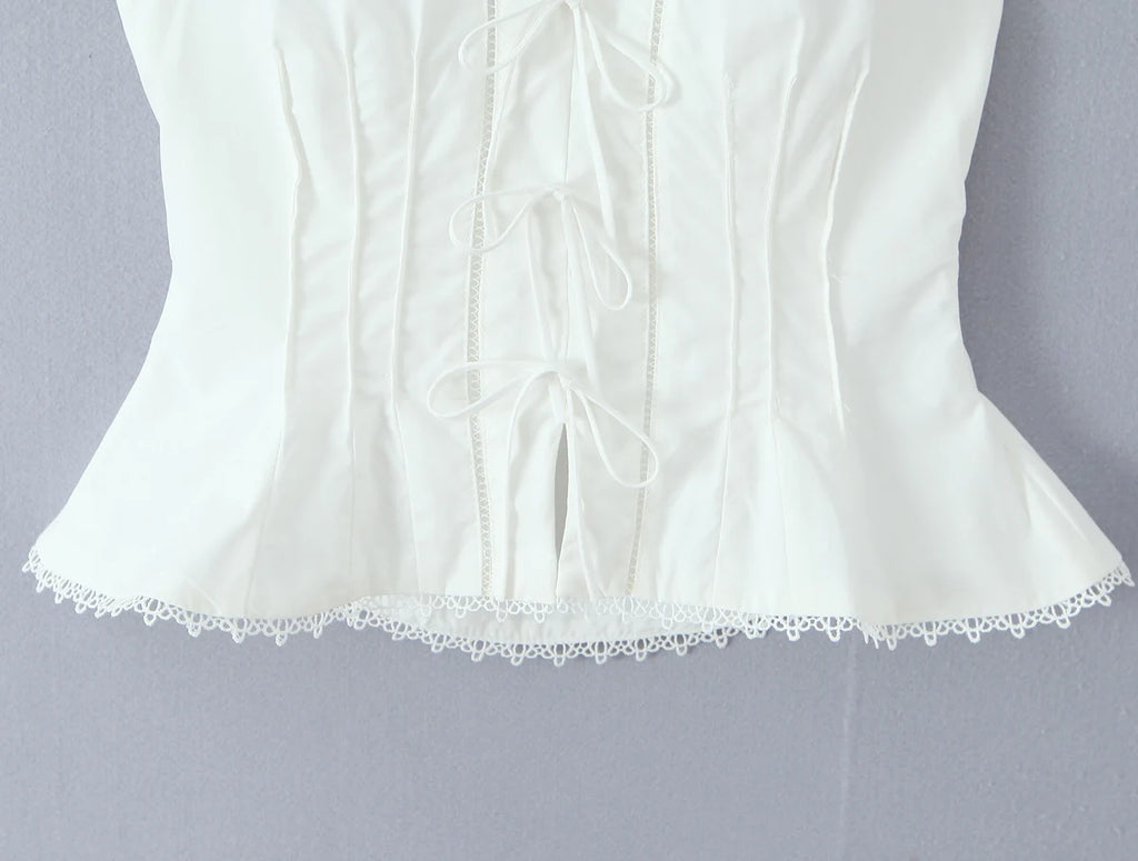 Sexy White Bow Halter V neck Open Buttons Slim Tank Top Women Spliced Ruffles Lace Hem Sleeveless Backless