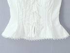 Sexy White Bow Halter V neck Open Buttons Slim Tank Top Women Spliced Ruffles Lace Hem Sleeveless Backless