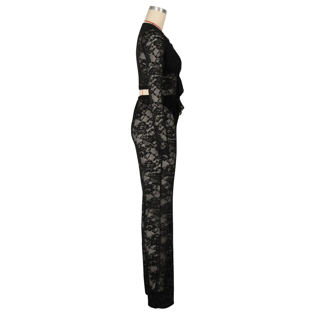 See Through Lace Set With Long Sleeve Top And Pants