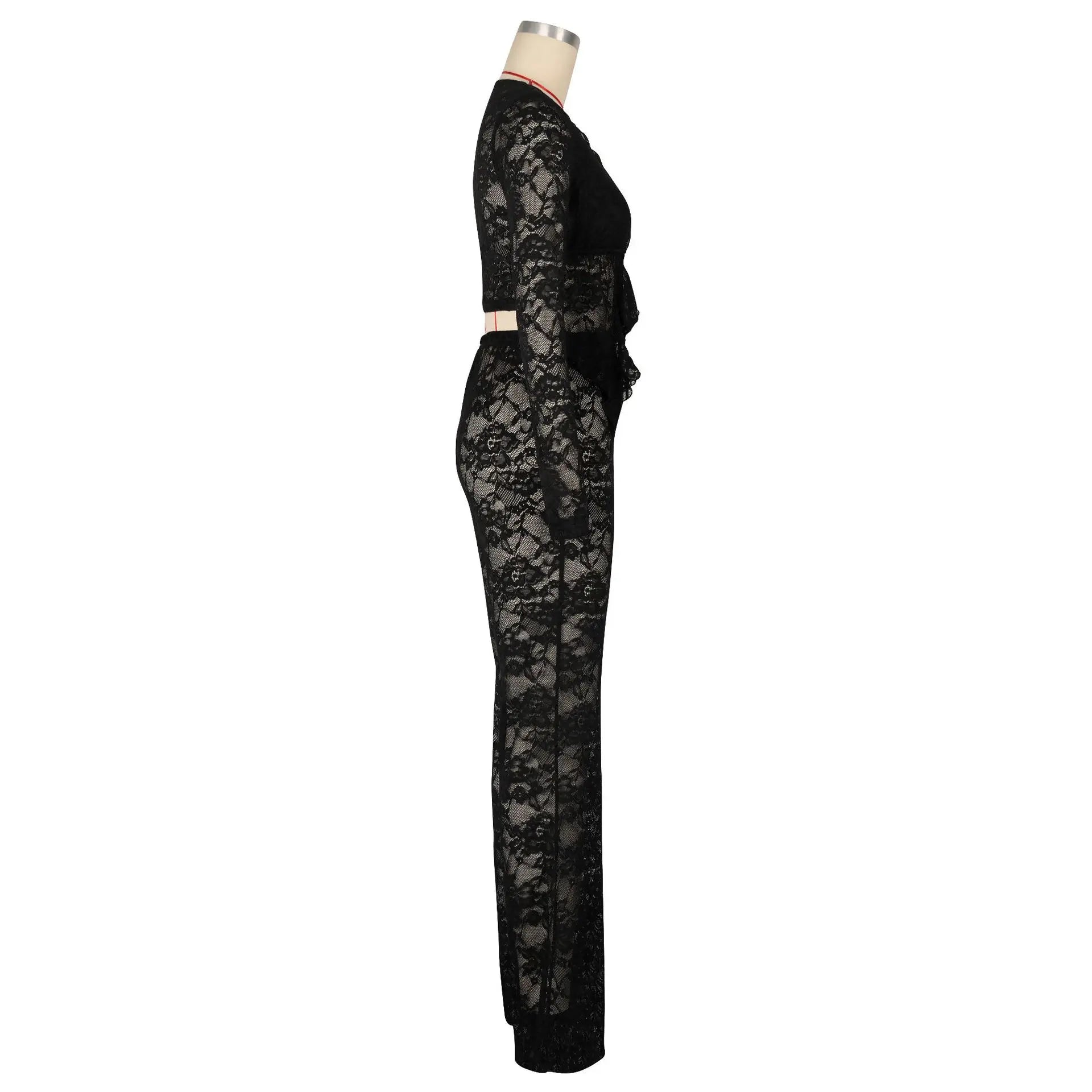 See Through Lace Set With Long Sleeve Top And Pants