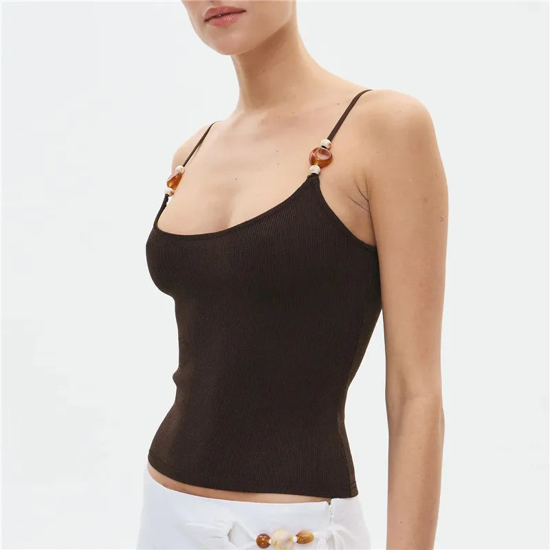 Bead Front Spaghetti Strap Cami Top Casual Sleeveless Crop Top Slim Fit