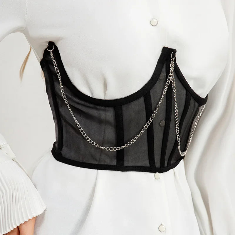 Underbust Punk Corset With Metal Chain Belt Gothic Lace Bustier Black