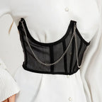 Underbust Punk Corset With Metal Chain Belt Gothic Lace Bustier Black