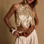 Backless Halter Sequin Crop Top Sparkly Sleeveless Glitter Camisole