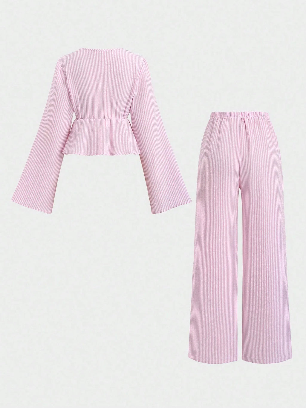Striped Lace Up Two Piece Set V Neck Top And Elastic Waist Pants
