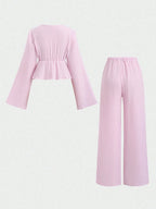 Striped Lace Up Two Piece Set V Neck Top And Elastic Waist Pants