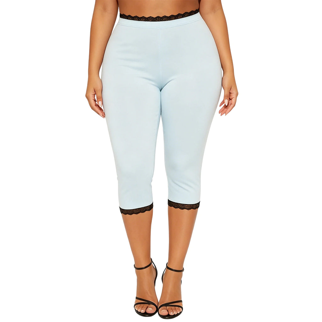 Retro Lace Trim Capri Pants With Elastic Waist