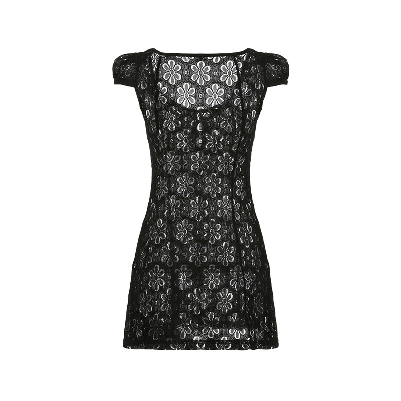 Sheer Lace Mini Dress With V Neck Short Sleeves Hollow Details