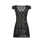 Sheer Lace Mini Dress With V Neck Short Sleeves Hollow Details
