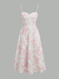 Blush Pink Floral Dress With Thin Straps And Flared Waist