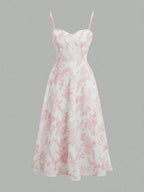 Blush Pink Floral Dress With Thin Straps And Flared Waist