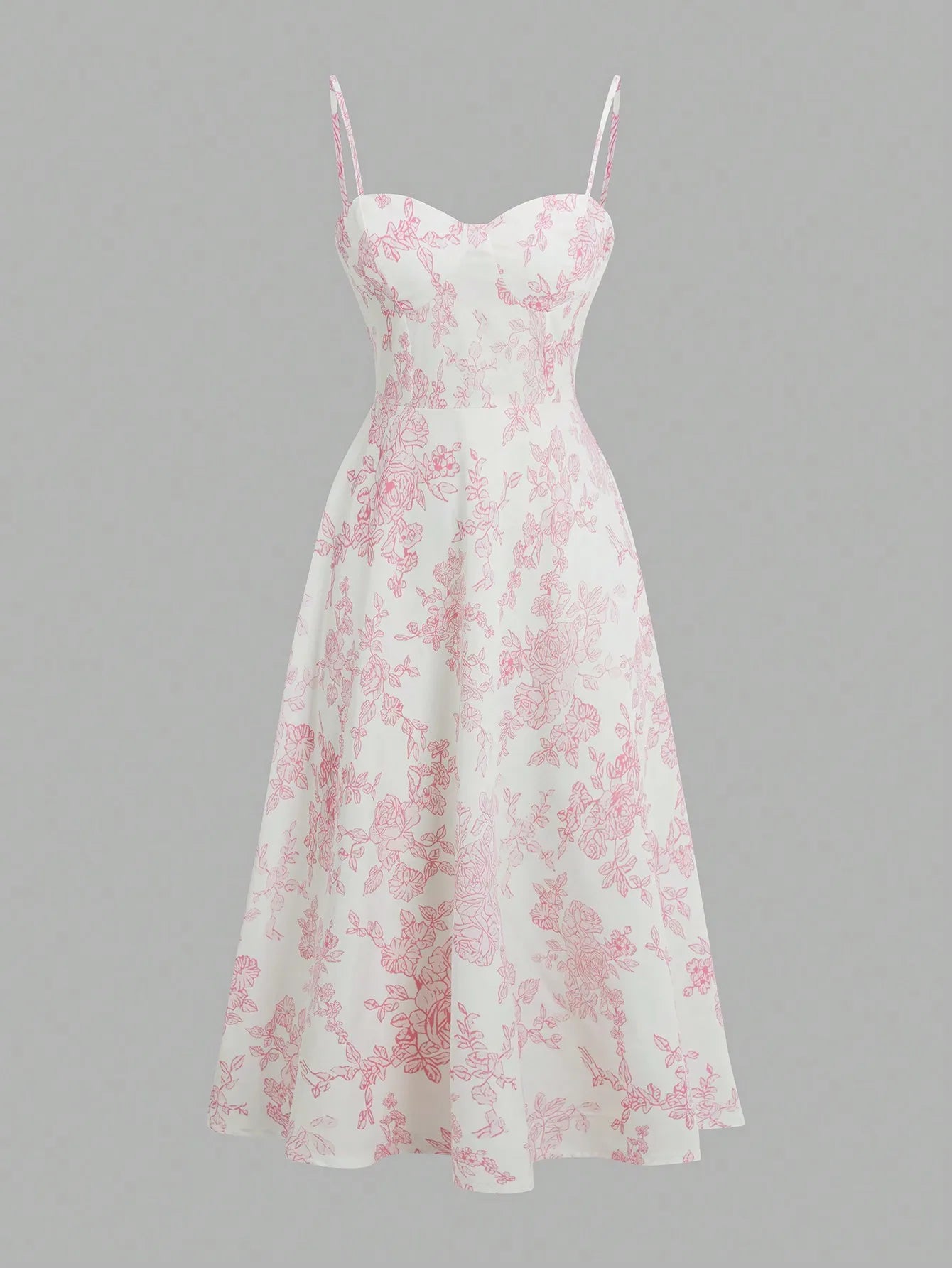 Blush Pink Floral Dress With Thin Straps And Flared Waist