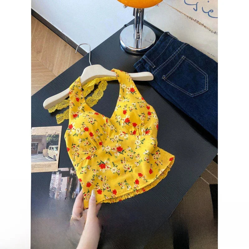 Retro Floral V Neck Halter Top