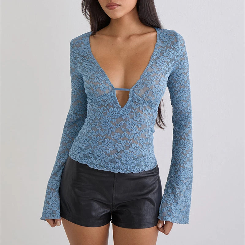 V-Neck Long Sleeve Lace See Through Slim Fit Shirt women’s