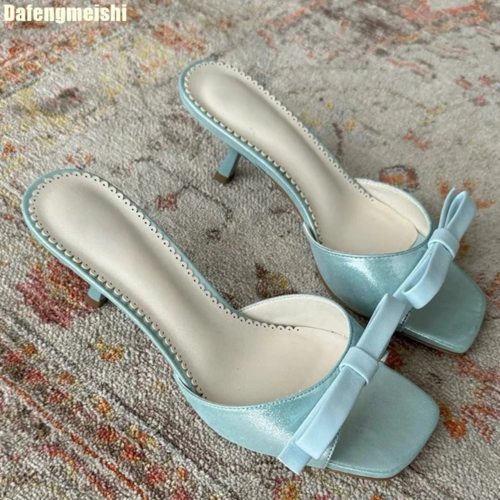 Ribbon Knot One Strap Sandals For Women Open Toe Square Front Casual Slides With Lace Sole