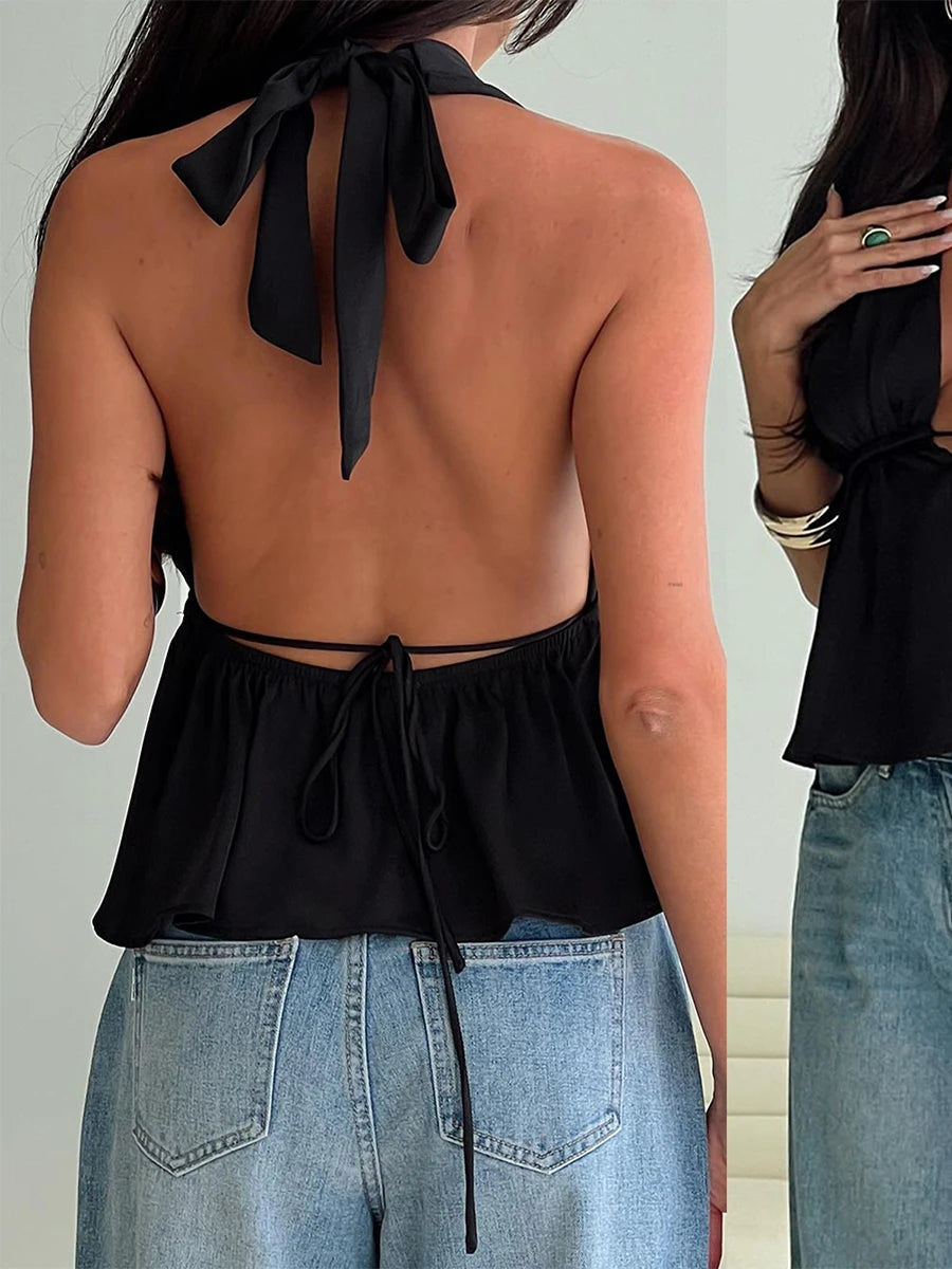 Halter Neck Crop Top With Tie Back Sleeveless Backless Camisole