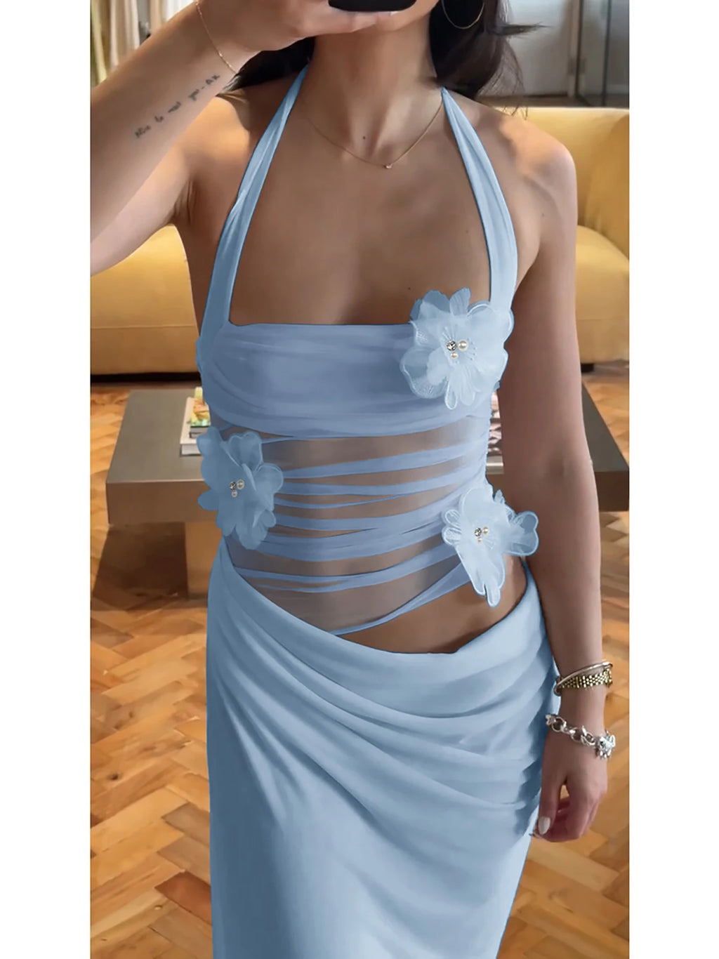 Halter Backless Sheer Mesh Maxi Dress With Floral Embellishment