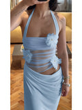 Halter Backless Sheer Mesh Maxi Dress With Floral Embellishment