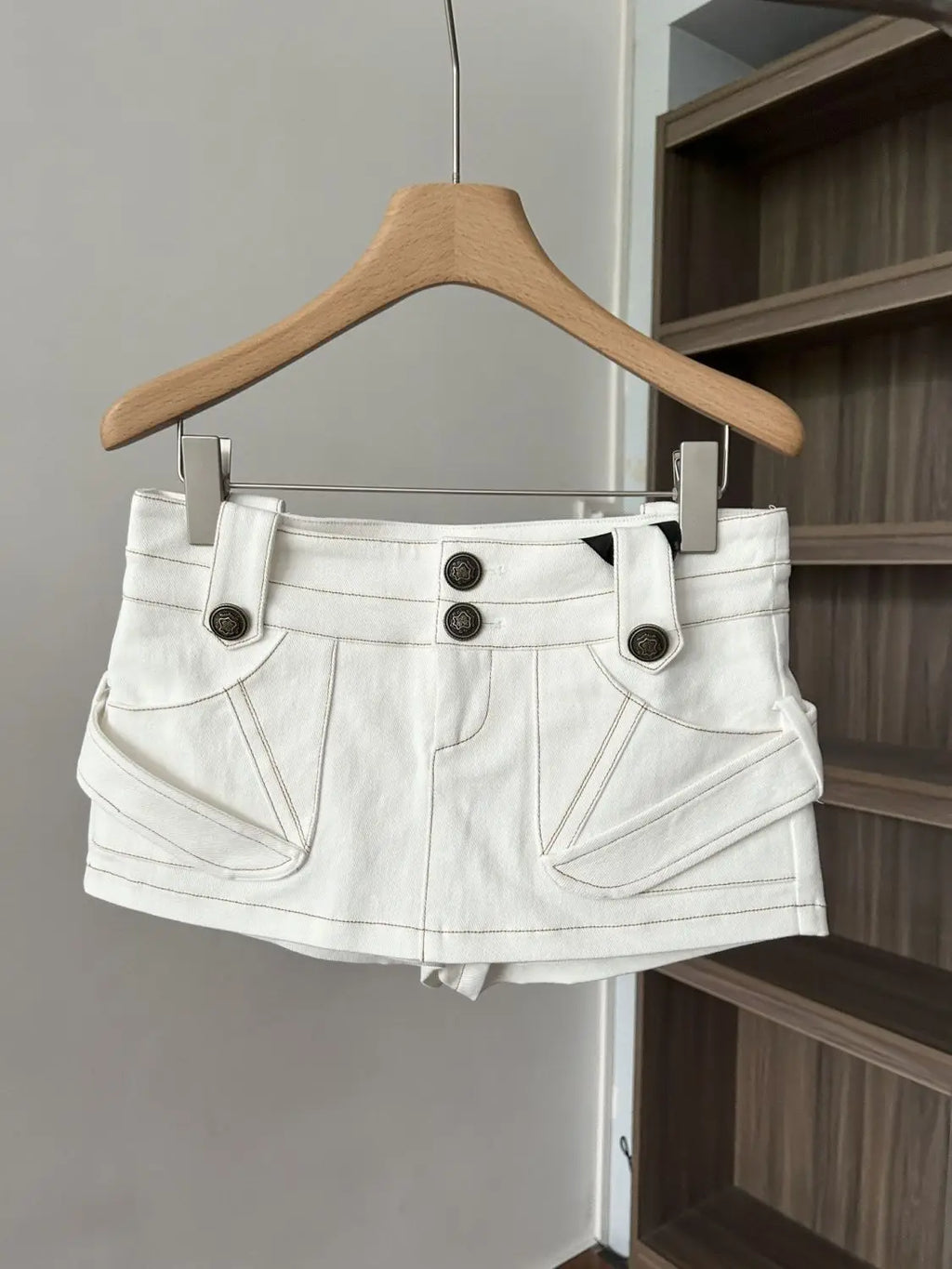 White Denim A Line Mini Skirt With Hip Wrap Cargo Pockets