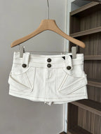 White Denim A Line Mini Skirt With Hip Wrap Cargo Pockets