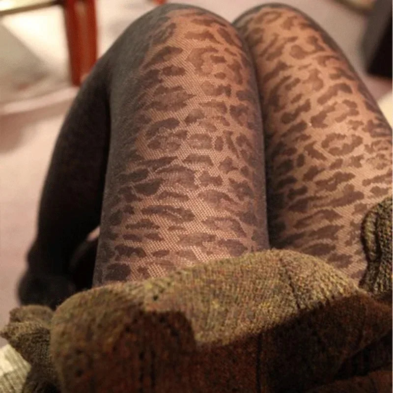 Gothic Leopard Sheer Stockings With Transparent Finish Seamless Pantyhose Edge