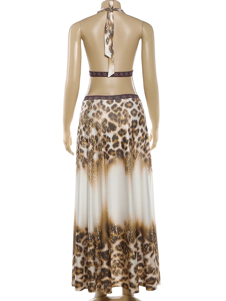 Leopard Print Halter Maxi Dress Backless Sleeveless