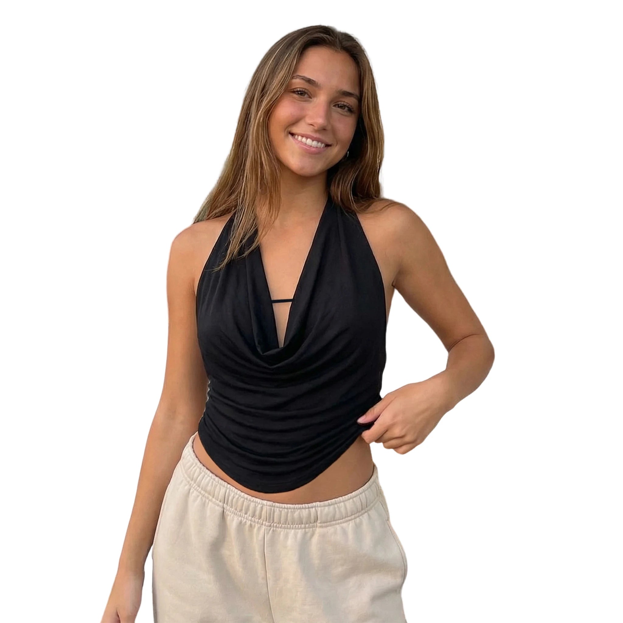 Deep Plunge Halter Crop Top With Open Back Tie Detail
