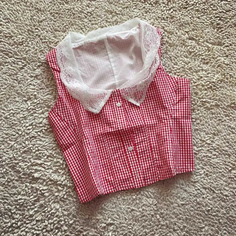 Vintage Button Up With Lace Trim Red Gingham Sleeveless Blouse Set