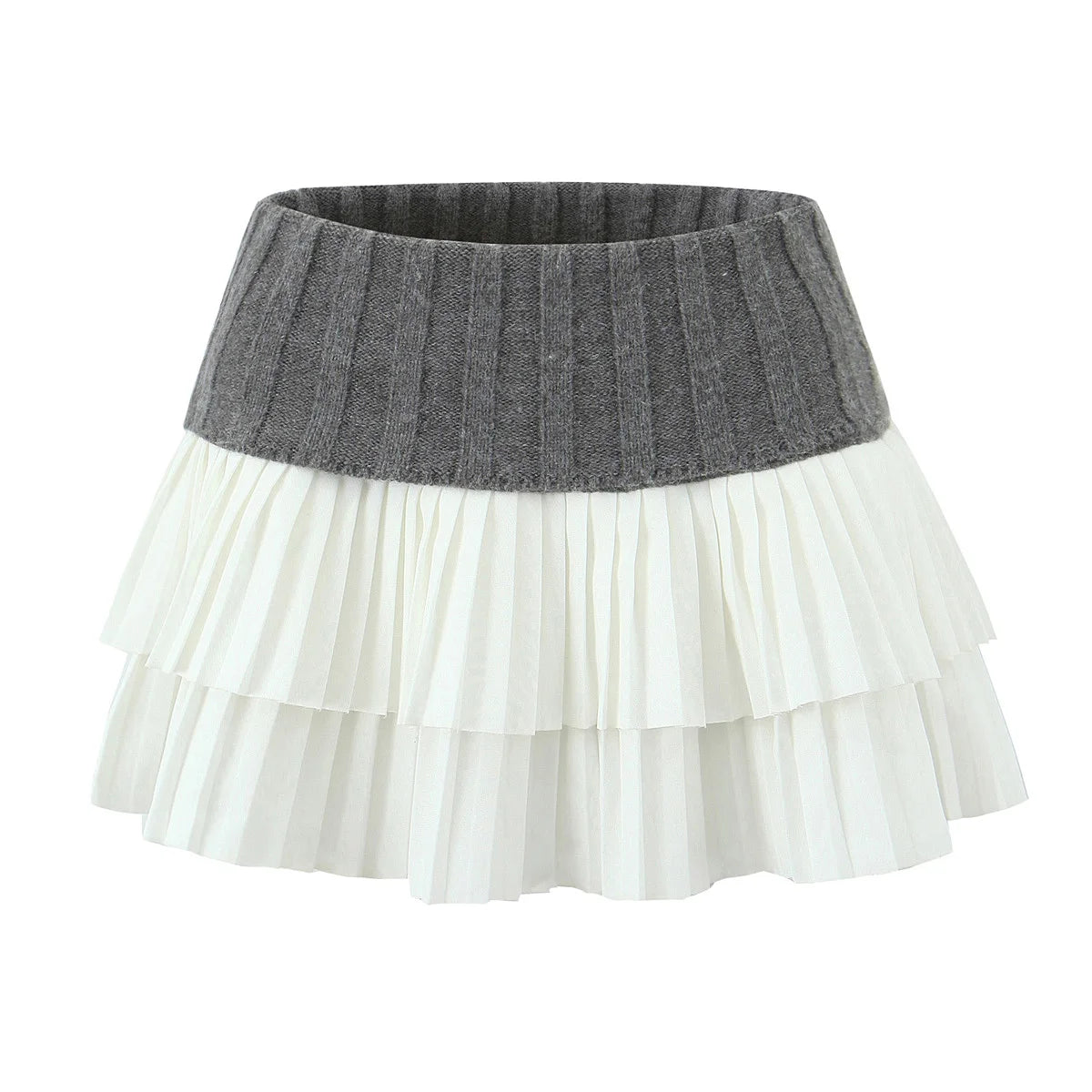 Knit Color Block Mini Skirt High Waisted Pleated